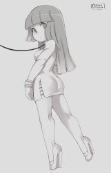 Rule 34 | 1girl, absurdres, ass, blunt bangs, breasts, commentary, commission, dated, dress, english commentary, eyelashes, from side, glitch techs, greyscale, high heels, highres, leash, looking at viewer, medium breasts, miko kubota, monochrome, oozutsu cannon, oozutsucannon, petite, profile, short dress, side slit, signature, solo