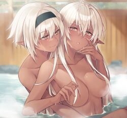 Rule 34 | 2girls, bath, bathing, collarbone, convenient censoring, d:, dark-skinned female, dark elf, dark skin, e (eokiba), elf, hair censor, hair over breasts, hairband, hand on another&#039;s cheek, hand on another&#039;s face, highres, implied fingering, long hair, looking at another, looking to the side, mother and daughter, multiple girls, navel, nisei muramasa, nude, onsen, open mouth, partially submerged, pointy ears, sansei muramasa, short hair, smile, soukou akki muramasa, steam, very long hair, water, wet, white hair, yuri