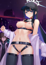 Rule 34 | 2girls, absurdres, bare shoulders, baseball cap, bdsm, belt, black belt, black hair, black headwear, black hoodie, black shirt, black thighhighs, blue archive, blue eyes, breasts, buckle, chest harness, cityscape, cleft of venus, coat, collar, commentary, commission, cowboy shot, crop top, english commentary, exhibitionism, faceless, faceless female, gluteal fold, hair between eyes, halo, harness, hat, highres, hood, hoodie, id card, lactation, leash, long hair, looking at viewer, medium breasts, misaki (blue archive), multiple girls, navel, night, nipples, no mask, nude, off shoulder, outdoors, public indecency, pussy, saori (blue archive), shirt, short hair, skindentation, slave, sleeveless, sleeveless shirt, snap-fit buckle, solo focus, standing, stomach, super hellrat, thighhighs, underbust, white coat