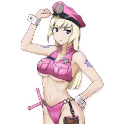Rule 34 | 1girl, adapted uniform, aegis (nerocc), bare shoulders, baton, bikini, bikini bottom only, blonde hair, breasts, collarbone, crop top, crossdraw holster, gun, hand on own hip, handgun, hat, holster, large breasts, long hair, marian e. carl, navel, o-ring, o-ring bottom, pink bikini, pistol, police badge, police hat, purple eyes, revision, solo, strike witches, swimsuit, tattoo, underboob, weapon, world witches series, wrist cuffs