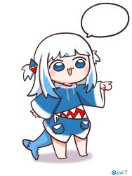 Rule 34 | 1girl, :3, animal costume, artist name, barefoot, blue eyes, blue hair, blue hoodie, blunt bangs, chibi, commentary, drawstring, eiul, english commentary, fins, fish tail, gawr gura, gawr gura (1st costume), hair ornament, highres, hololive, hololive english, hood, hood down, hoodie, long sleeves, looking to the side, medium hair, multicolored hair, outstretched arm, outstretched hand, pointing, pointing to the side, shark costume, shark hair ornament, shark tail, sleeves past wrists, solo, speech bubble, streaked hair, tail, template, twitter username, two side up, virtual youtuber, white background, white hair, wide sleeves