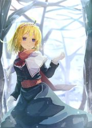 Rule 34 | 1girl, ahoge, alice margatroid, ascot, bare tree, blonde hair, blue dress, blue eyes, blurry, capelet, coat, colored eyelashes, commentary request, cowboy shot, day, depth of field, dress, forest, futatsuki eru, gloves, hairband, hand up, highres, lolita hairband, long sleeves, looking at viewer, nature, outdoors, red ascot, red scarf, sash, scarf, short hair, smile, solo, touhou, tree, white gloves, winter