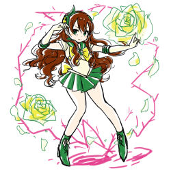 Rule 34 | 1girl, ankle boots, bishoujo senshi sailor moon, blush, boots, bow, braid, brown hair, cosplay, earrings, elbow gloves, flower, full body, gloves, green eyes, green footwear, green skirt, green valkyrie (p&amp;d), hair ornament, high heel boots, high heels, highres, jewelry, long hair, miniskirt, petals, pigeon-toed, pikomarie, pink bow, plant, puzzle &amp; dragons, ribbon, rose, sailor collar, sailor jupiter, sailor jupiter (cosplay), sailor senshi, shoelaces, short sleeves, side braid, simple background, single braid, skirt, smile, solo, thorns, valkyrie (p&amp;d), vines, wavy hair, white background, white gloves, wood valkyrie (p&amp;d), yellow bow, yellow flower, yellow ribbon, yellow rose