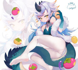 Rule 34 | 1girl, bare shoulders, blue hair, blush, breasts, cleavage, cleavage cutout, clothing cutout, dress, feather boa, feet, food, fruit, gloves, gradient hair, green dress, green gloves, hands up, highres, holding, holding food, holding fruit, horns, jiujiuyatou (yayanzz), legs, long hair, medium breasts, monster hunter (series), monster hunter rise, multicolored hair, no shoes, orange hair, pantyhose, pointy ears, romaji commentary, sleeveless, sleeveless dress, soles, solo, tail, thighs, white hair, white pantyhose, yellow eyes, zoom layer