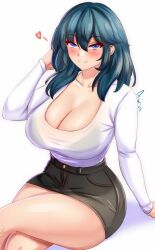 Rule 34 | 1girl, alternate costume, anisdrawn, black skirt, blue eyes, blue hair, blush, breasts, byleth (female) (fire emblem), byleth (fire emblem), cleavage, commentary, fire emblem, fire emblem: three houses, heart, highres, large breasts, long hair, long sleeves, looking at viewer, miniskirt, nintendo, pencil skirt, shirt, sitting, skirt, smile, solo, thighs, white shirt