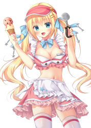 Rule 34 | 1girl, :d, apron, blonde hair, blue eyes, bow, bowtie, breasts, cleavage, cowboy shot, crop top, detached collar, food, frilled shirt, frilled skirt, frills, fujikura ryuune, hair ornament, hair ribbon, hairclip, hands up, holding, ice cream, long hair, looking at viewer, medium breasts, midriff, miniskirt, navel, open mouth, original, pink shirt, pink skirt, ribbon, shirt, short sleeves, simple background, skirt, smile, solo, standing, star (symbol), stomach, thighhighs, twintails, very long hair, visor cap, waist apron, waitress, white background, white thighhighs, zettai ryouiki