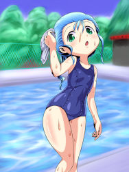 Rule 34 | 1girl, :o, blue hair, chain-link fence, fence, green eyes, long hair, looking at viewer, one-piece swimsuit, pool, sashi, school swimsuit, solo, swim cap, swimsuit, wet