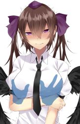 Rule 34 | 1girl, bird wings, black necktie, black wings, blush, grabbing another&#039;s breast, breast hold, breasts, brown hair, closed mouth, collared shirt, feathered wings, furrowed brow, grabbing, groping, hat, highres, himekaidou hatate, large breasts, looking at viewer, necktie, nose blush, onineko-chan, pov, pov hands, puffy short sleeves, puffy sleeves, purple eyes, purple ribbon, ribbon, shirt, short sleeves, solo focus, tears, tokin hat, touhou, trembling, twintails, twitching, white shirt, wings