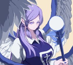 Rule 34 | 1girl, angel, angel wings, blue dress, blue eyes, blue hair, blue nails, breasts, collared shirt, dress, earrings, feathered wings, jewelry, long hair, long sleeves, medium breasts, multiple wings, nail polish, nukekip, pixel art, pointy ears, sariel (touhou), shirt, solo, staff, touhou, touhou (pc-98), upper body, very long hair, white shirt, white wings, wings
