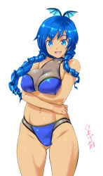 Rule 34 | 1girl, :d, bikini, blue bikini, blue eyes, blue hair, blush, breasts, character request, cleavage, copyright request, cowboy shot, crossed arms, hair ornament, halterneck, highres, hip focus, kiyama satoshi, large breasts, long hair, looking at viewer, mole, mole under eye, navel, open mouth, ringlets, simple background, smile, solo, swimsuit, tan, thighs, white background