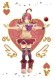 Rule 34 | 1girl, ace (playing card), ace of hearts, ahoge, andou ringo, apple, black thighhighs, boooo-im, card, character hair ornament, compile, drill hair, food, fruit, full body, green eyes, hair ornament, heart, highres, madou monogatari, name connection, object namesake, outstretched arms, playing card, puyo (puyopuyo), puyopuyo, puyopuyo 7, red apple, red hair, red skirt, shoes, short hair, shorts, shorts under skirt, skirt, smile, solo, spread arms, standing, sweater vest, thighhighs, twin drills, twintails