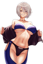 Rule 34 | 1girl, angel (kof), black jacket, bra, breasts, chaps, cleavage, cropped jacket, fingerless gloves, gloves, hair between eyes, hair over one eye, highres, jacket, large breasts, leather, leather jacket, long sleeves, looking at viewer, navel, open clothes, open jacket, smile, snk, solo, strapless, strapless bra, the king of fighters, the king of fighters xiv, toned, underwear, unzipped, yukimune