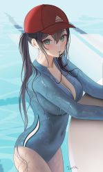 Rule 34 | 1girl, absurdres, adidas, baseball cap, black hair, blush, bodysuit, breasts, cleavage, covered navel, diving suit, green eyes, hat, highres, large breasts, long hair, looking at viewer, mouth hold, myabit, original, solo, swimsuit, twintails, water, wet, wet clothes, wet hair, wet swimsuit, wetsuit, whistle, whistle around neck