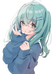 Rule 34 | 1girl, ahoge, blue eyes, blue hair, blush, clenched hand, cropped torso, grin, gumi lilk, hair ornament, hairclip, hatsune miku, highres, long hair, looking at viewer, nail polish, oversized clothes, simple background, sleeves past wrists, smile, solo, sweater, teeth, twintails, v, vocaloid, white background