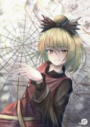 Rule 34 | 1girl, absurdres, black bow, blonde hair, bow, brown dress, closed mouth, commentary, dress, hair bow, highres, kurodani yamame, long sleeves, looking at viewer, short hair, smile, solo, spider web background, tofuandsoup, touhou, yellow eyes