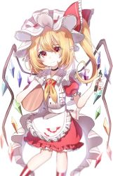 Rule 34 | 1girl, alternate costume, ametama (runarunaruta5656), animal print, apron, asymmetrical bangs, asymmetrical hair, bat print, black choker, blonde hair, blush, bow, brooch, buckle, buttons, choker, closed mouth, commentary request, crystal, enmaided, feet out of frame, flandre scarlet, frilled apron, frills, gem, hat, hat ribbon, holding, holding pen, holding tray, jewelry, maid, maid apron, mob cap, nail polish, one side up, pen, pointy ears, puffy short sleeves, puffy sleeves, rainbow order, red bow, red eyes, red gemstone, red nails, red ribbon, ribbon, short sleeves, simple background, smile, solo, standing, touhou, tray, waist apron, white apron, white background, white hat, wings