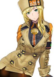 Rule 34 | 1girl, :|, armband, ashiomi masato, black gloves, blonde hair, brown jacket, brown pantyhose, closed mouth, commentary request, fur hat, gloves, green eyes, guilty gear, guilty gear strive, hat, jacket, long hair, millia rage, pantyhose, solo