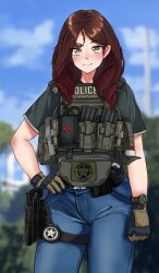 Rule 34 | 1girl, black shirt, blue pants, blue sky, blurry, blurry background, blush, brown eyes, brown gloves, brown hair, closed mouth, cloud, commentary, day, denim, english commentary, gloves, gun, hand on own hip, highres, holster, jeans, jizi, load bearing vest, medium hair, mole, mole under mouth, original, outdoors, pants, police, police uniform, policewoman, shirt, short sleeves, sky, smile, solo, t-shirt, tactical clothes, thigh strap, uniform, united states marshal, watch, weapon, wristwatch
