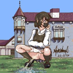 Rule 34 | 1girl, 2022, 20s, 4mper5and, anus, black footwear, brown eyes, brown hair, brown socks, brown vest, building, dated, face mask, grass, grey skirt, long sleeves, looking to the side, march, mask, original, outdoors, panties, panty pull, pee stain, peeing, puddle, pussy, school uniform, shirt, shoes, short hair, skirt, socks, solo, squatting, stained panties, uncensored, underwear, vest, white panties, white shirt