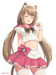 Rule 34 | 1girl, :d, ^ ^, animal ear fluff, animal ears, apron, arm behind back, black bow, black bowtie, blush, bow, bowtie, breasts, brown hair, cat ears, cat tail, closed eyes, contrapposto, cowboy shot, crop top, facing viewer, fingernails, hand up, long hair, low twintails, maid apron, maid headdress, medium breasts, midriff, navel, open mouth, original, pleated skirt, red bow, red skirt, sasaame, school uniform, serafuku, simple background, skirt, smile, solo, standing, tail, thighhighs, twintails, twitter username, very long hair, waist apron, white apron, white background, white thighhighs, wristband