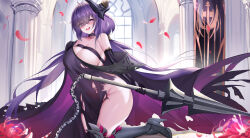 Rule 34 | 1girl, azur lane, bare shoulders, black dress, blush, breasts, chest harness, cleavage, dress, hair ornament, hair over one eye, harness, heart, heart-shaped pupils, highres, holding, holding weapon, large breasts, long hair, looking at viewer, mogador (azur lane), nanoda002 (saber427), purple eyes, purple hair, solo, symbol-shaped pupils, very long hair, weapon