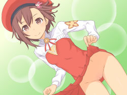 Rule 34 | 1girl, breasts, brown eyes, brown hair, censored, clothes lift, hat, hou (hachiyou), legs, looking at viewer, no panties, pussy, ruelly kamishiro, short hair, simple background, skirt, skirt lift, small breasts, smile, solo, standing, summon night, summon night 5, thighs