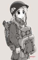 Rule 34 | 1girl, backpack, bag, blush, canteen, chest harness, cowboy shot, ebifly, grey background, greyscale, gun, harness, helmet, long hair, long sleeves, military, monochrome, original, parted lips, ponytail, simple background, solo, tagme, twitter username, united states army, weapon, white background