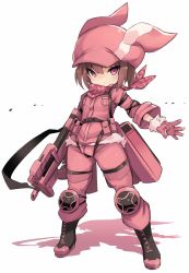 Rule 34 | 1girl, animal ears, animal hat, bandana, black footwear, blush, boots, brown hair, bullpup, closed mouth, colored shadow, commentary request, fake animal ears, full body, fur-trimmed gloves, fur trim, gloves, gun, hair between eyes, hat, highres, holding, holding gun, holding weapon, jacket, karukan (monjya), llenn (sao), long sleeves, looking at viewer, md5 mismatch, p-chan (p90), p90, pants, personal defense weapon, pink bandana, pink gloves, pink hat, pink jacket, pink pants, rabbit ears, rabbit hat, red eyes, resolution mismatch, shadow, solo, source larger, standing, submachine gun, sword art online, sword art online alternative: gun gale online, weapon, white background