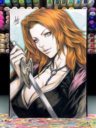 Rule 34 | 1girl, art tools in frame, bleach, breasts, cleavage, collarbone, grey eyes, haori, highres, holding, holding sword, holding weapon, japanese clothes, jewelry, large breasts, looking at viewer, marker (medium), matsumoto rangiku, mole, mole under mouth, necklace, orange hair, parted lips, sash, stanley lau, sword, taichou haori, traditional media, upper body, weapon