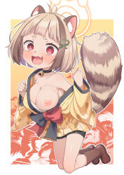 Rule 34 | 1girl, animal ear fluff, animal ears, arata (blue archive), arched bangs, bell, bike shorts, black choker, black shorts, blue archive, blush, boots, breasts, brown footwear, brown hair, chest sarashi, choker, cleavage, clenched hands, fang, female focus, full body, hair ornament, hairclip, halo, highres, japanese clothes, jingle bell, kanabun, kimono, large breasts, leaf print, light brown hair, long sleeves, looking at viewer, multicolored hair, neck bell, nipples, one breast out, open mouth, oppai loli, orange halo, paid reward available, print kimono, raccoon ears, raccoon girl, raccoon tail, red eyes, sarashi, short hair, short shorts, shorts, skin fang, solo, streaked hair, tail, tearing up, tears, thick eyebrows, wavy eyes, wavy mouth, yellow kimono