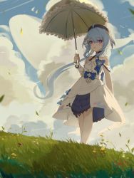 Rule 34 | 1girl, ahoge, bare shoulders, beret, blue hair, blue sky, cloud, cloudy sky, dress, grass, griseo, griseo (starry impression), hat, highres, holding, holding umbrella, honkai (series), honkai impact 3rd, long hair, looking at viewer, open mouth, outdoors, purple eyes, short sleeves, sky, solo, standing, twintails, umbrella, weeiskaw, white dress