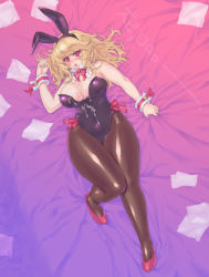 Rule 34 | 1girl, animal ears, blonde hair, blush, breasts, bukkake, cleavage, cum, fake animal ears, fax ogawa, hip focus, large breasts, legs, long hair, long legs, lying, original, pantyhose, pink eyes, playboy bunny, plump, rabbit ears, sexually suggestive, snot, solo, tears, thick thighs, thighs, wide hips