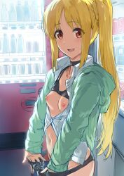 Rule 34 | 1girl, black bra, black panties, blonde hair, bocchi the rock!, bra, bra lift, breasts, brown eyes, collarbone, collared shirt, commentary request, cum, cum in clothes, cum in panties, cum on clothes, green jacket, hair ornament, hair scrunchie, hews, highres, hood, hooded jacket, ijichi nijika, jacket, light blush, long hair, long sleeves, looking at viewer, navel, nipples, open clothes, open jacket, open mouth, outdoors, panties, panty pull, partially unbuttoned, public indecency, pulling own clothes, scrunchie, shirt, side ponytail, small breasts, solo, sweatdrop, underwear, vending machine, white shirt, yellow scrunchie