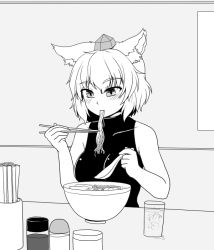 Rule 34 | 1girl, animal ears, bare arms, bare shoulders, blush, breasts, chopsticks, drink, eating, food, greyscale, hat, inubashiri momiji, isaki (gomi), large breasts, miso soup, monochrome, noodles, restaurant, short hair, skin tight, sleeveless, solo, spoon, tokin hat, touhou, wolf ears