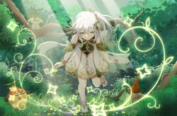 Rule 34 | 1girl, 3others, aranara (genshin impact), bloomers, bracelet, cape, commentary, detached sleeves, dress, forest, genshin impact, gradient hair, grass, green cape, green eyes, hair between eyes, hair ornament, highres, jewelry, leaf hair ornament, leaning forward, long hair, looking at another, looking down, maru (user gxyj4735), multicolored hair, multiple others, nahida (genshin impact), nature, outdoors, playing, short dress, short sleeves, side ponytail, sidelocks, sitting on branch, smile, standing, standing on one leg, stirrup legwear, streaked hair, sunlight, symbol-shaped pupils, toeless legwear, tree, two-tone hair, underwear, white bloomers, white dress, white hair