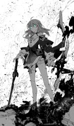 Rule 34 | 1girl, ahoge, ankle boots, aqua eyes, artist name, bare legs, boots, bow, breasts, buttons, camera, chinese commentary, choker, closed mouth, collarbone, expressionless, full body, greyscale, hair between eyes, hand on hilt, highres, honkai: star rail, honkai (series), jacket, jdb moon, long sleeves, looking at viewer, march 7th (honkai: star rail), medium hair, miniskirt, monochrome, planted, planted sword, planted weapon, pleated skirt, ruins, serious, skirt, small breasts, solo, spot color, standing, sword, thigh strap, tied jacket, weapon