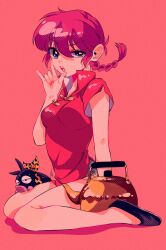 Rule 34 | 1girl, bandana, blue eyes, braid, braided ponytail, breasts, chinese clothes, commentary request, genderswap, genderswap (mtf), highres, kettle, looking at viewer, medium breasts, p-chan, piglet, ranma-chan, ranma 1/2, red hair, red shirt, rumic 0620, saotome ranma, shirt, simple background, single braid, sitting, slippers, solo, wariza