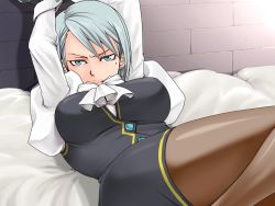 Rule 34 | 1girl, arms up, bed, blue eyes, blue hair, breasts, capcom, dress, female focus, ace attorney, franziska von karma, looking at viewer, matching hair/eyes, mole, pantyhose, solo
