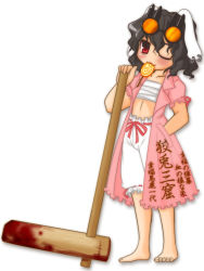 Rule 34 | 1girl, animal ears, banchou, barefoot, black hair, blood, bloomers, bousouzoku, candy, clothes writing, delinquent, female focus, food, goggles, hammer, inaba tewi, kaiba usagi, kine, lollipop, mallet, mouth hold, one eye closed, open clothes, open robe, rabbit ears, red eyes, robe, sarashi, short hair, solo, swirl lollipop, tokkoufuku, touhou, translation request, underwear, wink