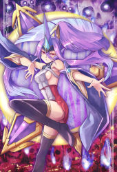 Rule 34 | 1girl, black footwear, blazblue, blazblue: central fiction, blazblue: chronophantasma, boots, breasts, detached sleeves, expressionless, hades izanami, long hair, looking at viewer, mikado (blazblue), miniskirt, ponytail, purple hair, red eyes, red skirt, shiny skin, sideboob, skirt, skull, solo, standing, standing on one leg, thigh boots, thighhighs, yuuka seisen