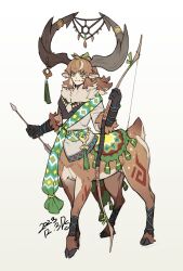 Rule 34 | 1girl, :3, absurdres, animal ears, antler ornament, antlers, arrow (projectile), black gloves, black tank top, bow (weapon), breasts, brown fur, brown hair, centauroid, closed mouth, commentary request, crop top, dated, deer antlers, deer ears, deer girl, deer tail, ds desha, earrings, facial mark, full body, gloves, green eyes, hair between eyes, highres, holding, holding arrow, holding bow (weapon), holding weapon, hooves, horizontal pupils, horns, jewelry, korean commentary, leg warmers, long hair, looking at viewer, medium breasts, midriff, monster girl, multiple legs, original, ponytail, shirt, signature, simple background, single sleeve, solo, standing, tail, tank top, taur, thick eyebrows, vambraces, weapon, white background, white shirt