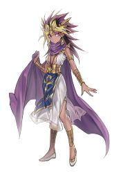 Rule 34 | 1girl, absurdres, atem, bad id, bad pixiv id, blonde hair, breasts, cape, center opening, dress, earrings, full body, genderswap, genderswap (mtf), gold, highres, jewelry, looking at viewer, maruchi, millennium puzzle, multicolored hair, purple eyes, simple background, small breasts, solo, spiked hair, white background, white dress, yu-gi-oh!, yuu-gi-ou, yu-gi-oh! duel monsters
