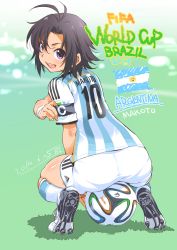 Rule 34 | 1girl, 2014 fifa world cup, :p, antenna hair, argentina, armband, ass, ball, black hair, black socks, blush, cleats, clothes writing, dated, from behind, highres, idolmaster, idolmaster (classic), inoue sora, kikuchi makoto, kneehighs, looking at viewer, looking back, pantylines, purple eyes, revision, ribbed legwear, short hair, shorts, signature, sitting, sitting on object, smile, soccer, soccer ball, soccer uniform, socks, solo, sportswear, squatting, tongue, tongue out, world cup, wristband