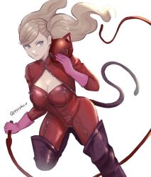 Rule 34 | 1girl, ass, blonde hair, blue eyes, bodysuit, boots, breasts, cat mask, cleavage, closed mouth, commentary request, elbow gloves, fake tail, full-length zipper, gloves, holding, holding mask, holding whip, large breasts, long hair, mask, panther tail, parted lips, persona, persona 5, pink gloves, pppppknw, purple footwear, red bodysuit, red mask, shrug (clothing), smile, solo, standing, standing on one leg, tail, takamaki anne, thigh boots, twintails, twitter username, white background, zipper