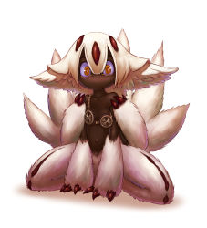 Rule 34 | 1girl, absurdres, black skin, claws, colored skin, extra arms, faputa, female focus, full body, fur, highres, klaufir, kneeling, looking at viewer, made in abyss, monster girl, outie navel, simple background, solo, white background, white hair, yellow eyes