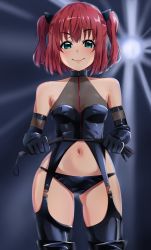 Rule 34 | &gt;:), 1girl, aqua eyes, bdsm, black gloves, black panties, black thighhighs, boots, breasts, closed mouth, collarbone, commentary request, dark room, dominatrix, elbow gloves, garter belt, gloves, highres, holding, holding whip, igarashi kyouhei, kurosawa ruby, light, looking at viewer, love live!, love live! sunshine!!, navel, panties, red hair, riding crop, short hair, sleeveless, small breasts, smile, solo, standing, straight-on, thigh boots, thighhighs, two side up, underwear, zipper