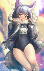 Rule 34 | 1girl, :d, animal ear fluff, animal ears, blue eyes, blue one-piece swimsuit, bunching hair, commentary, copyright request, fur collar, grey hair, heterochromia, highres, jacket, long sleeves, looking at viewer, name tag, one-piece swimsuit, open clothes, open jacket, open mouth, school swimsuit, short hair with long locks, signature, smile, solo, swimsuit, swimsuit under clothes, tail, welt (kinsei koutenkyoku), yellow eyes