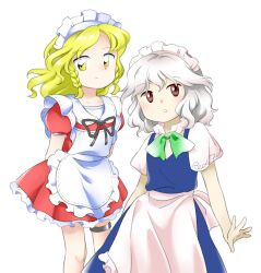 Rule 34 | 2girls, :o, apron, arms behind back, black ribbon, blonde hair, blue dress, bow, bowtie, braid, closed mouth, dress, flat chest, frilled apron, frills, frown, green bow, green bowtie, grey hair, izayoi sakuya, maid, maid apron, maid headdress, multiple girls, nonamejd, official style, pinafore dress, puffy short sleeves, puffy sleeves, red dress, red eyes, ribbon, shirt, short hair, short sleeves, simple background, sleeveless, sleeveless dress, touhou, touhou (pc-98), twin braids, waist apron, white apron, white background, white shirt, yellow eyes, yumeko (touhou), zun (style)
