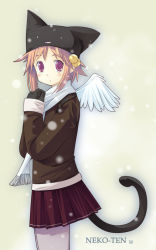 Rule 34 | 1girl, animal ears, animal hat, bell, black gloves, cat ears, cat hat, cat tail, fringe trim, from side, fujishiro touma, gloves, hair bell, hair ornament, hat, jingle bell, pantyhose, plaid, plaid skirt, scarf, skirt, snow, snowing, solo, tail, white scarf, white wings, wings