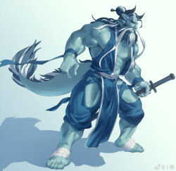 Rule 34 | 1boy, abs, arm hair, bara, beard, blue hair, chest hair, chinese clothes, clothing cutout, costume request, dragon boy, dragon horns, dragon tail, facial hair, full body, hairy, holding, holding sword, holding weapon, horns, large pectorals, leg hair, long beard, looking to the side, male focus, mature male, multicolored hair, muscular, muscular male, navel hair, old, old man, original, pectorals, pelvic curtain, rollingstonex6, short hair, sideburns, sidepec, sleeveless, solo, standing, stomach, sword, tail, thick thighs, thigh cutout, thighs, two-tone hair, weapon, white hair
